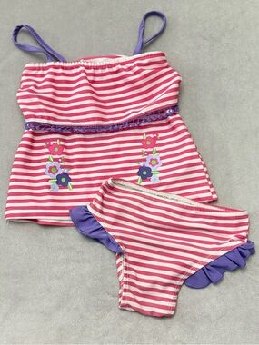 Sweet & Soft Surf Crew Girls 18M Tankini Swimsuit Pink Stripe 2 Piece Floral GUC